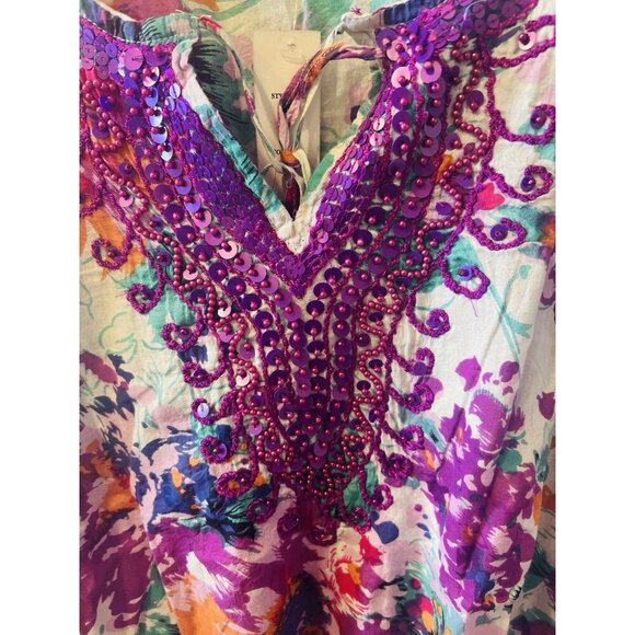 Chaudry KC Floral Purple Top Tunic Blouse XL Boho Sequined Beaded Lightweight - Picture 3 of 8
